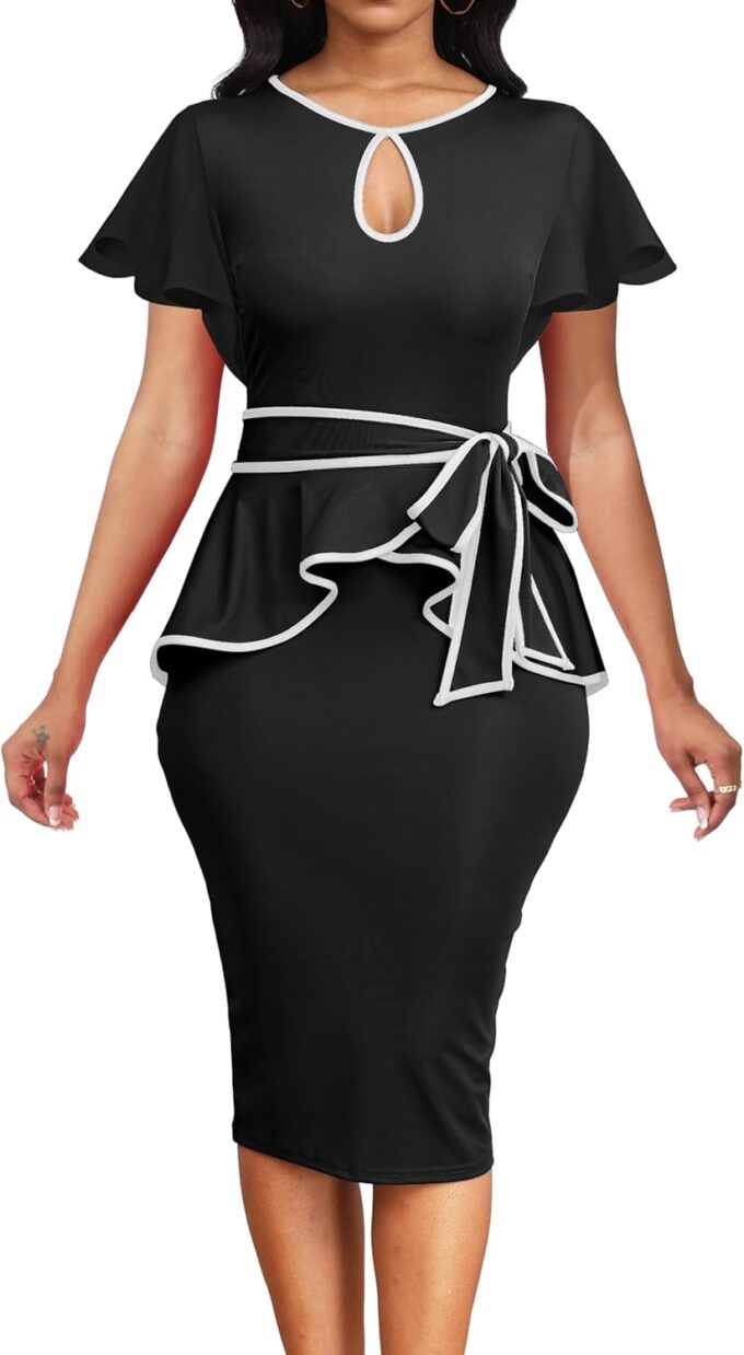Elegantes Schößchen-Kleid für Damen, knielang, Vintage, figurbetont, geteilter Reißverschluss am Rücken – Bild 2