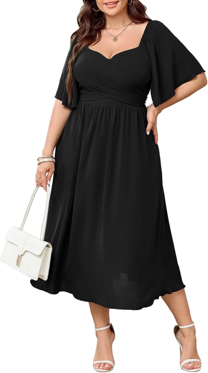 Women's Plus Size Midi Dress Sweetheart Neck Short Sleeve Wedding Guest Cocktail A Line Flowy Dress