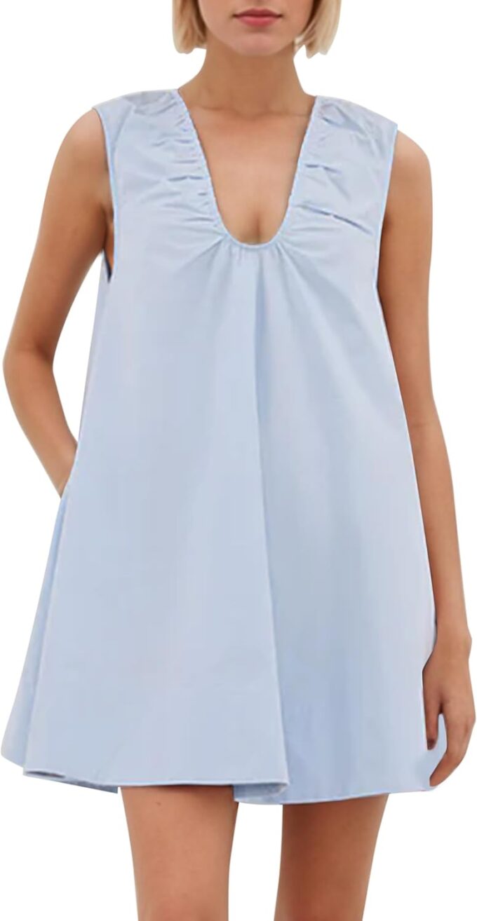 MISSACTIVER Women's Sleeveless Babydoll Tank Mini Dress Scoop Neck Ruched Short Dress with Side Pockets Summer Party Dresses