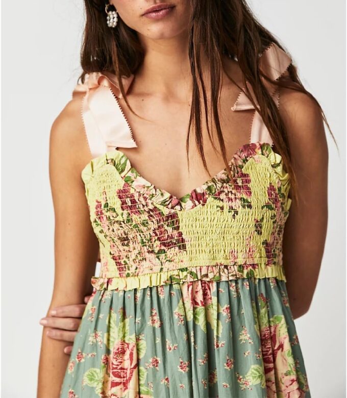 Women Floral Boho Sundress Tie Shoulder Smocked Patchwork Flowy Maxi Dresses with Pockets Summer Fall – Bild 4