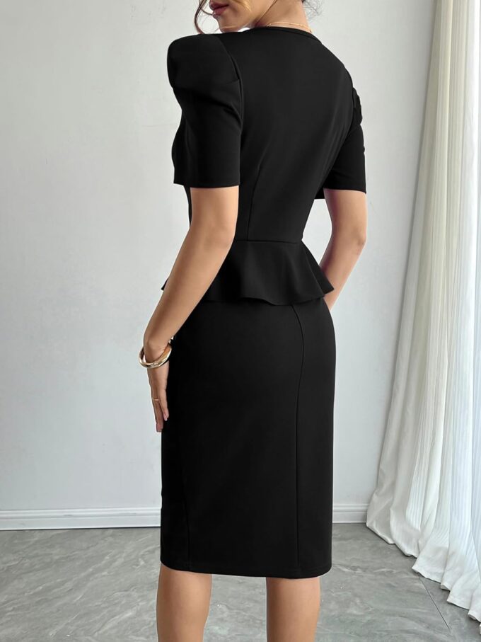 Mokayee Damen-Sommerkleid, Puffärmel, V-Ausschnitt, Schößchen, Kirche, Business, Arbeit, Bleistiftkleid – Bild 6
