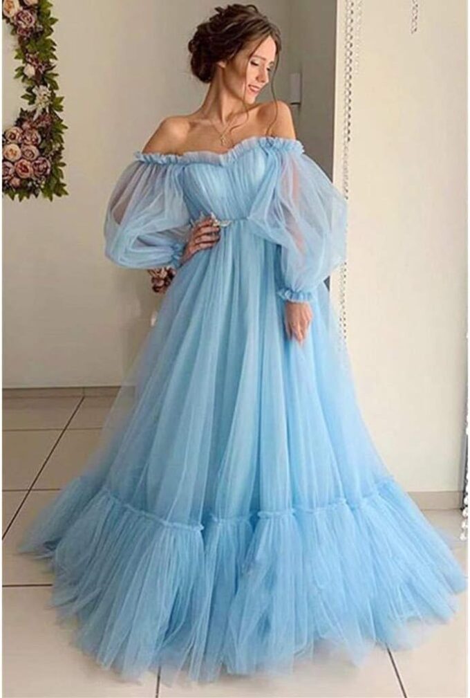 Damen Schulterfrei Tüll Lange Kleider Mesh Langarm Mesh Brautkleider Großer Saum Swing Kleider Einfarbig Prinzessin Kleid Lange Maxikleider für Frauen UK Partykleider Elegant – Bild 6