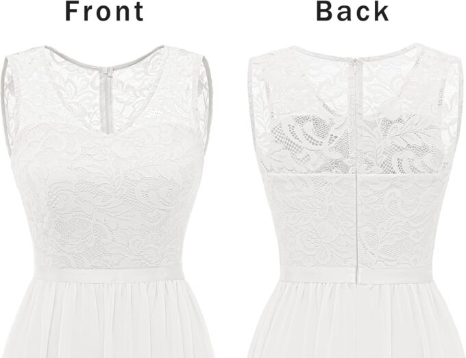 DRESSTELLS Damen Abendkleid Bodenlang Elegant für Hochzeit Chiffon Brautjungfernkleider Spitzen Cocktailkleid Ärmellos Ballkleid White M – Bild 2