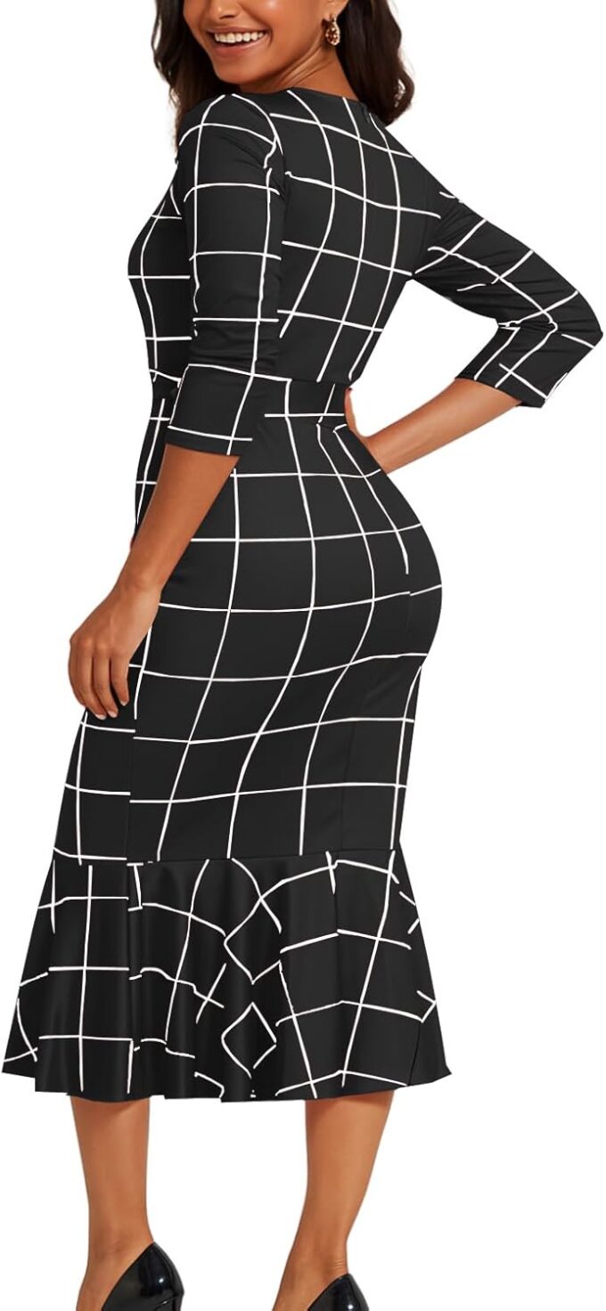 ZonJie Damenkleid, Karomuster, lässig, Knopf, langärmelig, Midi-Kleid, klassisch, figurbetont, für Hochzeitsgäste – Bild 2
