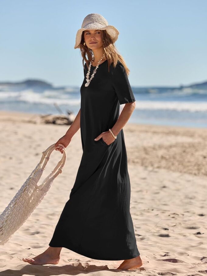 MEROKEETY Women's 2025 Summer Casual Maxi Dress Beach Vacation Short Sleeve Crewneck Basic Long T Shirt Dresses – Bild 2