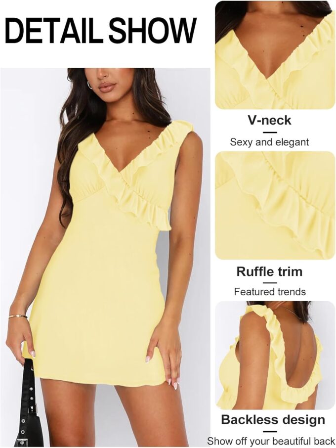 Women's Sexy V Neck Sleeveless Backless Ruffles Dress for Women Elegant Mesh Party Fitted Cocktail Mini Dresses – Bild 3