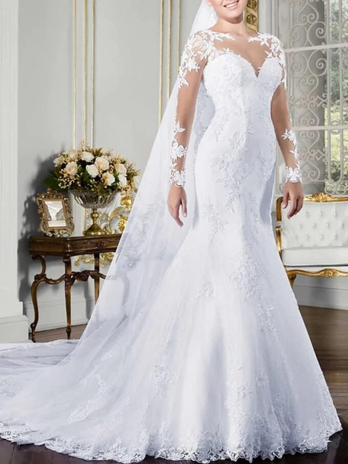 CongMing-huajia Brautkleid Große Frauen Langarm V-Ausschnitt Spitze Applique Kleid Weiß – Bild 5