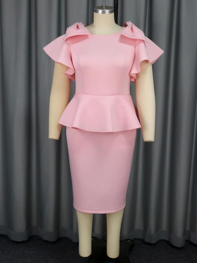 ONTINVA Damen-Bleistiftkleid, Übergröße, Schleife, Perlen, Rüschen, ausgestellte Ärmel, Hochzeitsgästekleid, Party, Arbeitskleider – Bild 4
