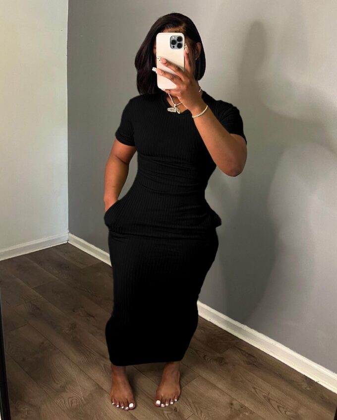 Women's Casual Short Sleeve Dress T Shirt Bodycon Dresses Ribbed V Neck Maxi Sundress Basic Party Club Dress with Pocket – Bild 3