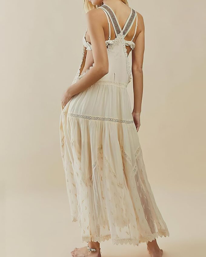 ebossy Women's Laced Embroidered Tulle Bib Dress Casual Loose Adjustable Straps Maxi Dress – Bild 2