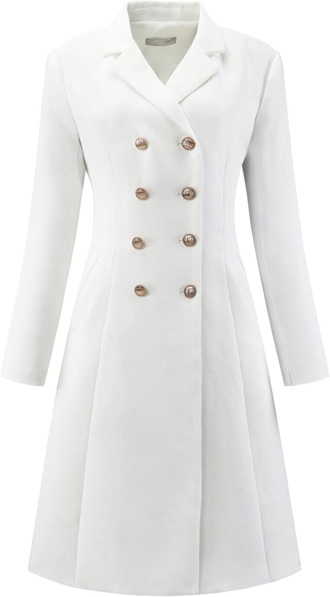 Hobemty Damen Tweed-Blazerkleid mit Kragen, zweireihig, A-Linie, formelle Arbeitskleider