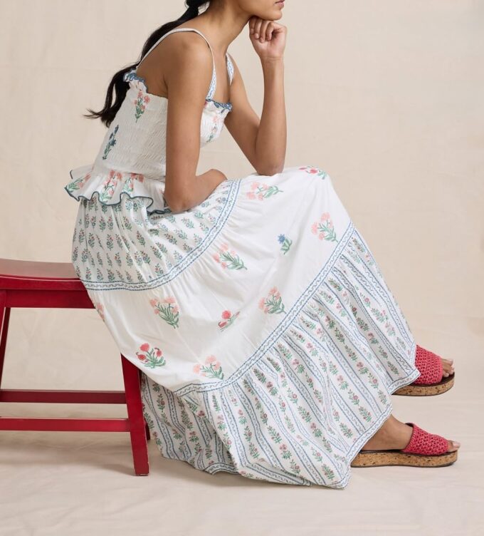 Women Summer Boho Tie Shoulder Dress Y2k Floral Smocked Flowy Long Dress Ruffle Tiered Beach Vocation Sundress – Bild 4
