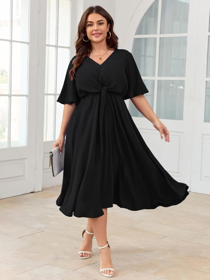SCOMCHIC Women Plus Size Midi Dresses Wedding Guest Short Sleeve V Neck Tie Waist Casual Summer Flowy A Line Dress – Bild 5