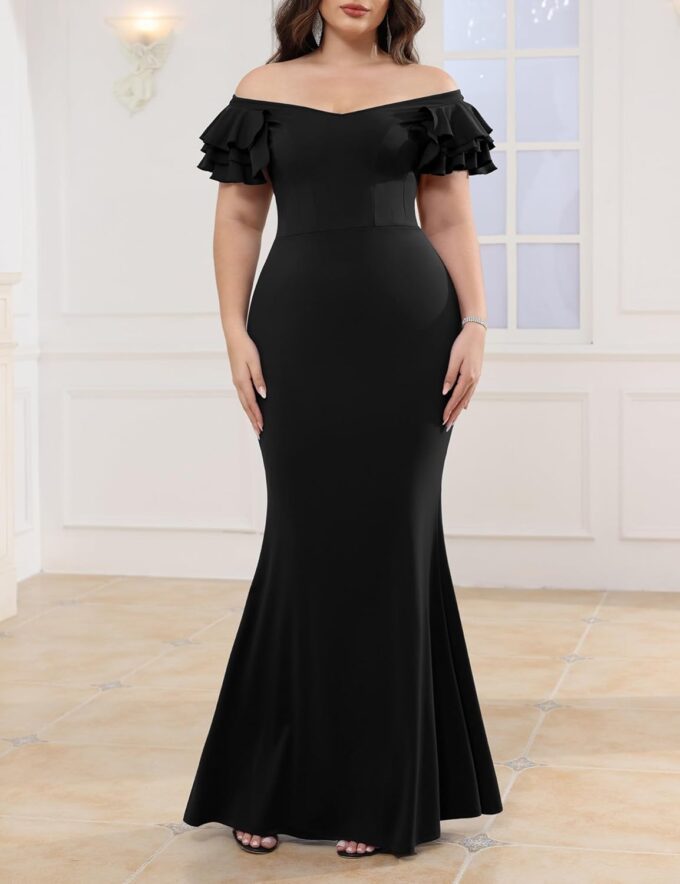 Women's Plus Size Maxi Dress Elegant V-Neck Ruffle Sleeves Bodycon Mermaid Dresses Evening Gown – Bild 5