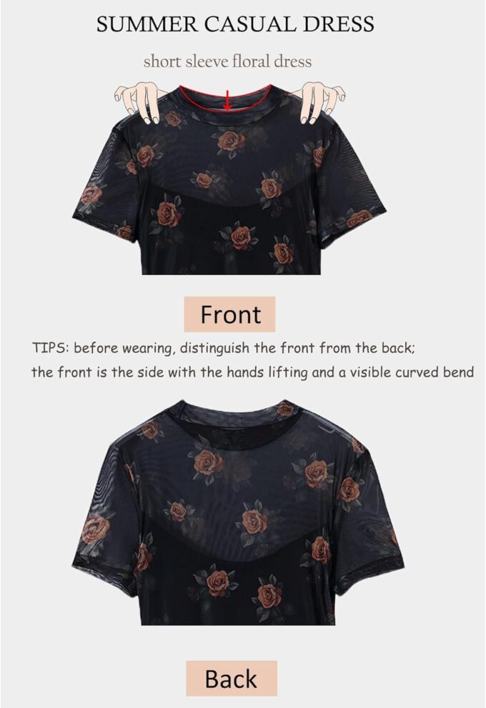 GothDark Women's Mesh Dress Short Sleeve Round Collar Floral Print Waist-Cinched Maxi Summer Casual Dress – Bild 6