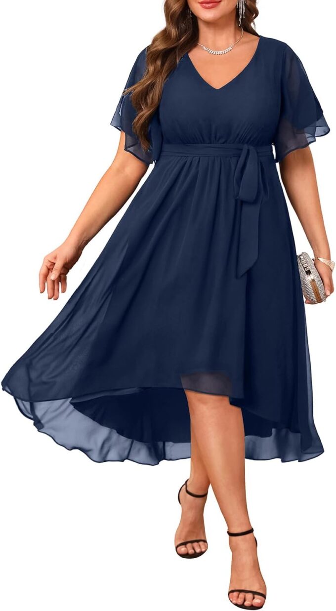 Plus Size Dresses Wedding Guest - Formal Cocktail Chiffon V Neck Short Sleeve High Low Dress Curvy Women