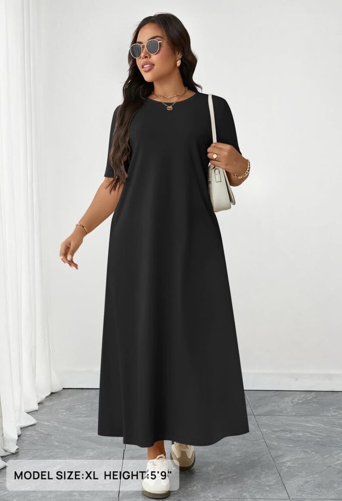 MEROKEETY Women's 2025 Summer Casual Maxi Dress Beach Vacation Short Sleeve Crewneck Basic Long T Shirt Dresses – Bild 4