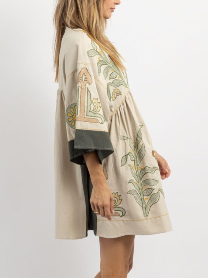 Womens Oversized Embroidered Dress with V-Neck and 3/4 Sleeves Vintage Embroidery Babydoll Dress – Bild 3