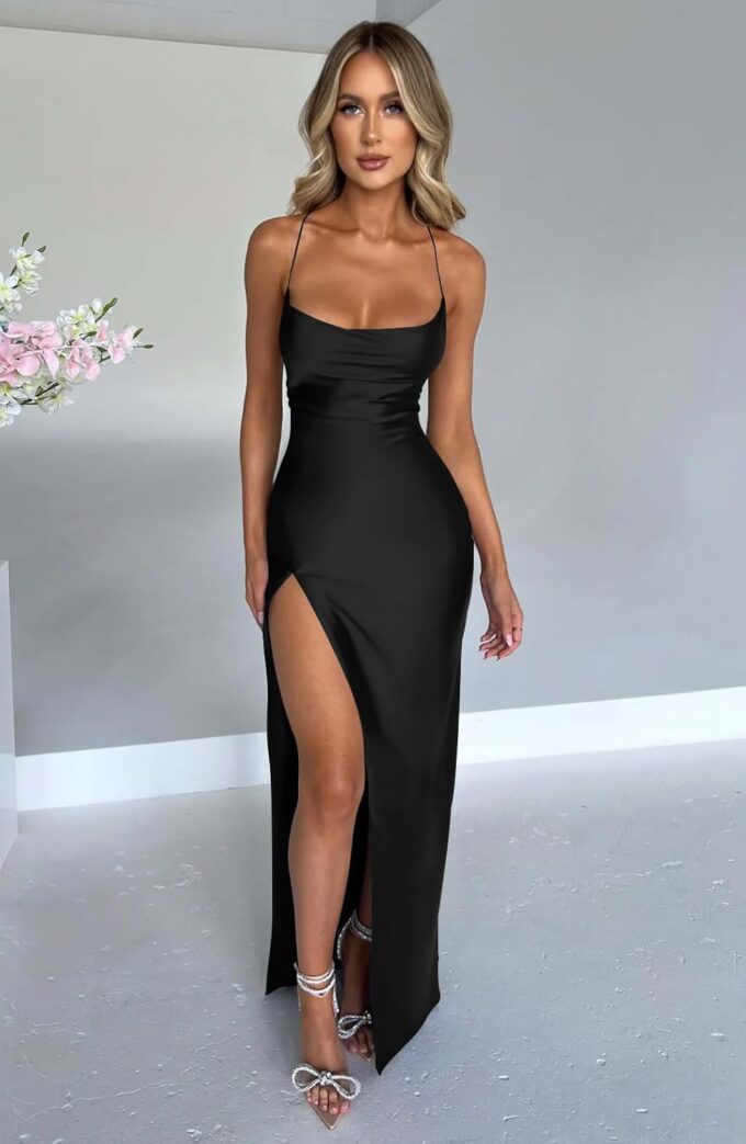 Memoriesea Women's Sexy Spaghetti Strap Bodycon Cowl Neck Party Cocktail Maxi Dress – Bild 3