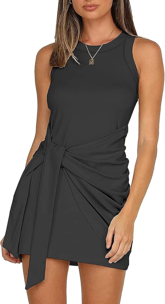 LIYOHON Women's Summer Casual Beach Dress Sleeveless Ruched Tie Tank Bodycon Wrap Mini Dresses