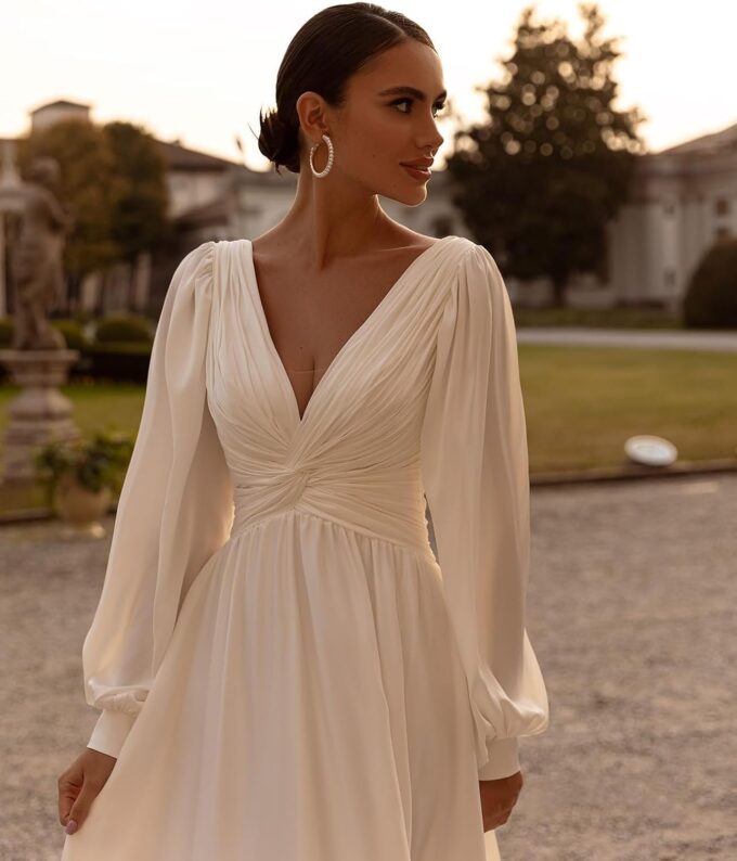 PSFVHHQI Hochzeitskleid Brautkleider Langarm V-Ausschnitt Standesamt Brautmode Brautkleider, White 01, 32 – Bild 5
