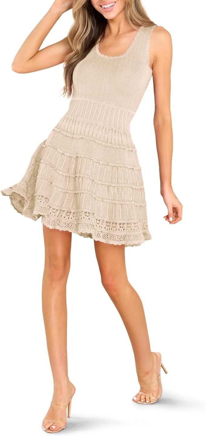 Fisoew Womens Summer Mini Dresses Casual Crewneck Knitted Crochet Hem Flowy Tank Sundress – Bild 5