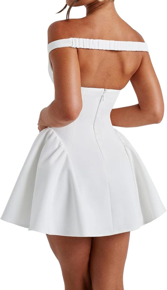 Azhong Women's Summer Sexy V Neck Off Shoulder Wedding Mini Dresses Backless A Line Puffy Hem Prom Party Gown – Bild 5