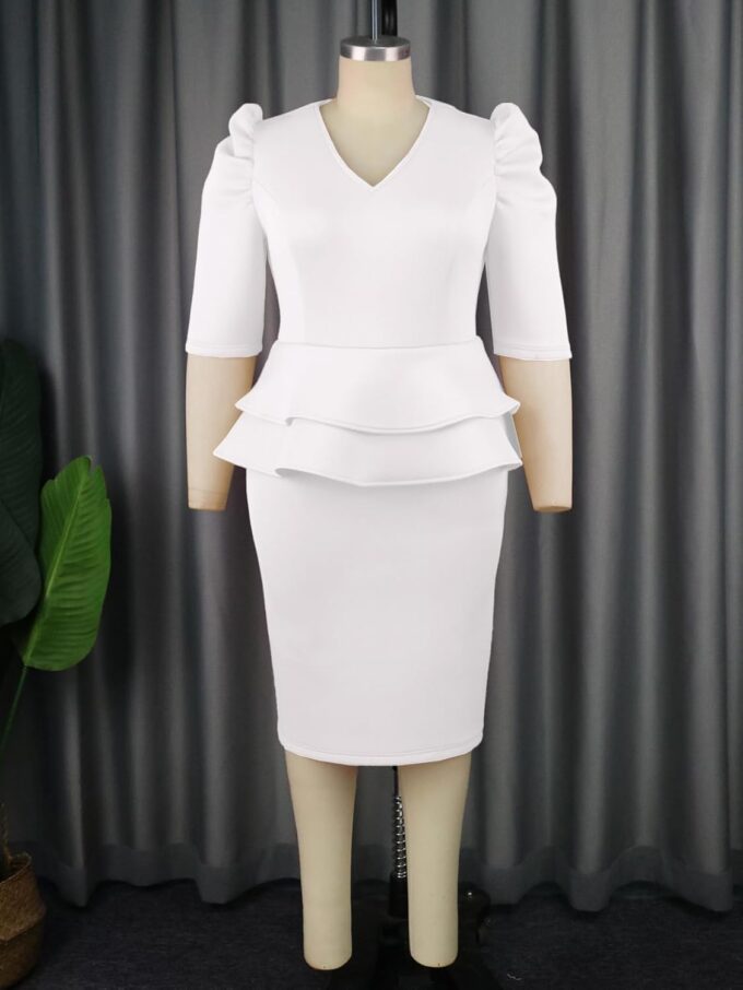 ONTINVA Damenkleid, V-Ausschnitt, Übergröße, Schößchen, für die Arbeit, figurbetont, kurzärmelig, Midi-Kleider – Bild 3