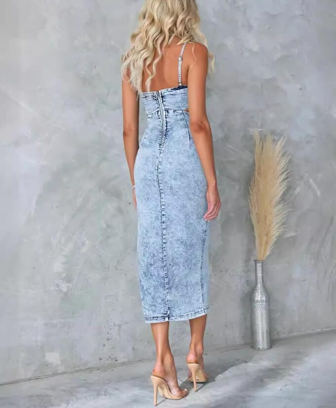 Women's Sexy Spaghetti Straps Slit Denim Dress Cut Out Zip Back Distressed Backless Calf Length Jean Dress – Bild 3