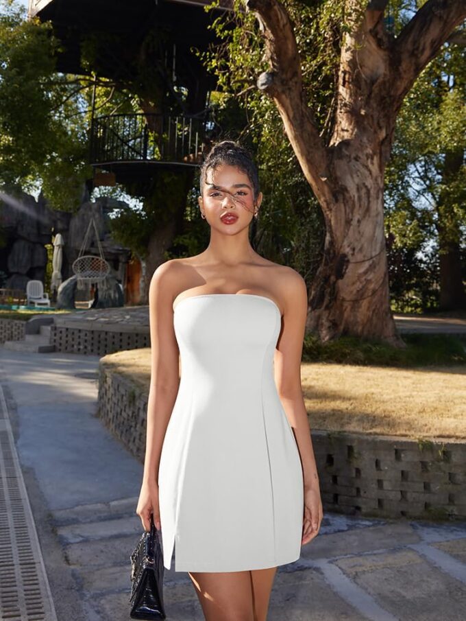 HYZ Women's Tube Strapless Sleeveless Y2K Split Party A-Line Mini Dress – Bild 7