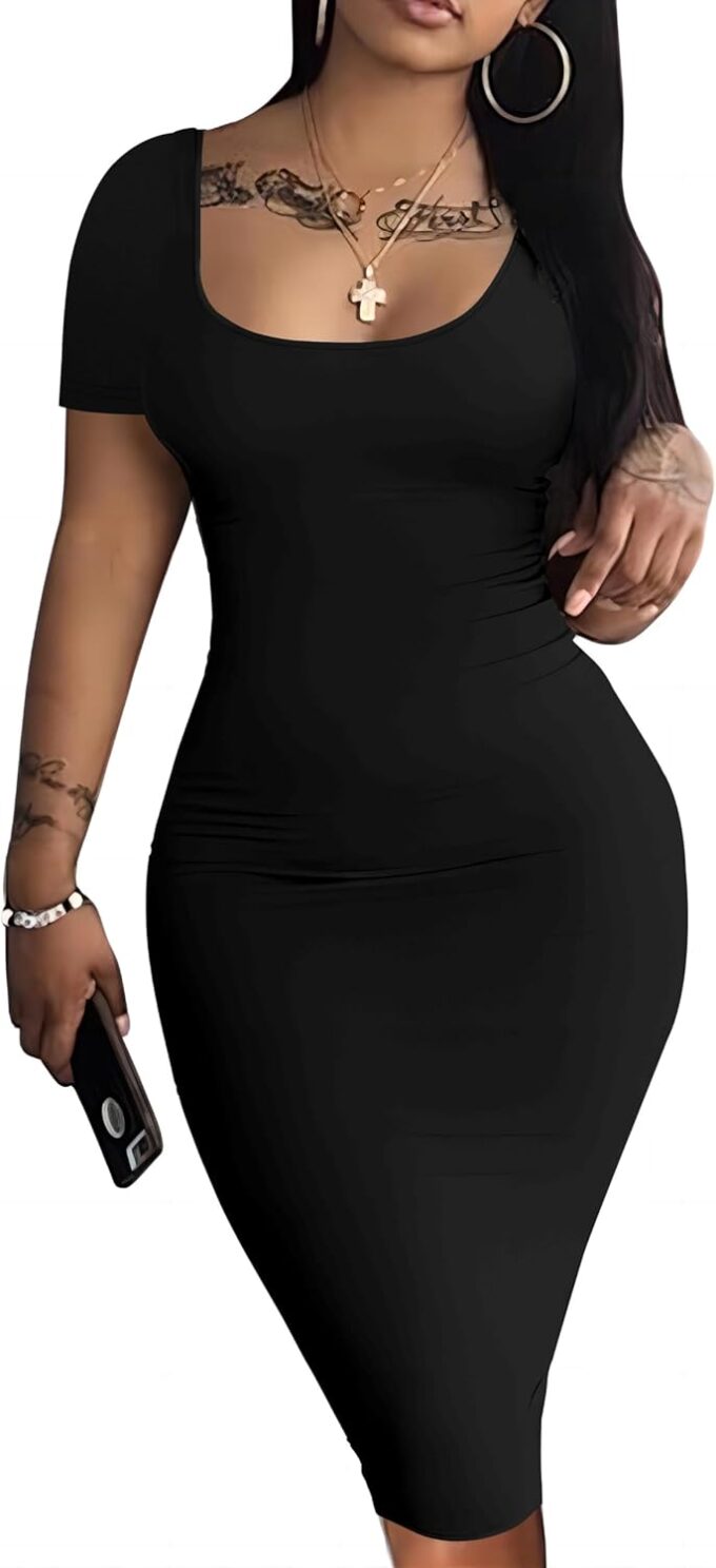 Nimsruc Womens Summer Casual Sexy Short Sleeve Bodycon Dress Basic Pencil Midi Club Dresses