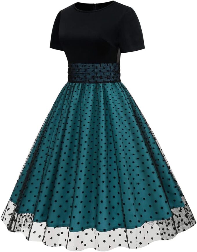 Odizli Rockabilly Kleider Damen 50er Jahre Kurzarm Mesh Polka Dot Tüllkleid Sommer Swing Coctailkleid – Bild 2