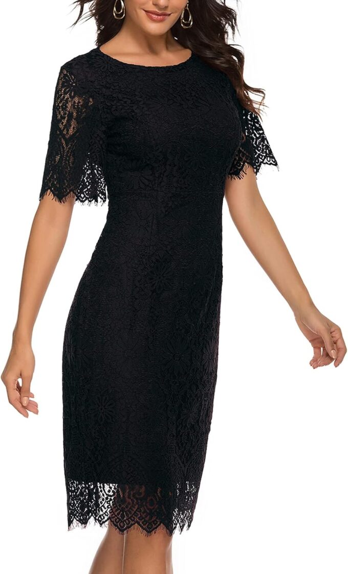 MEROKEETY Women's Short Sleeve Lace Floral Cocktail Dress Crew Neck Knee Length for Party – Bild 7