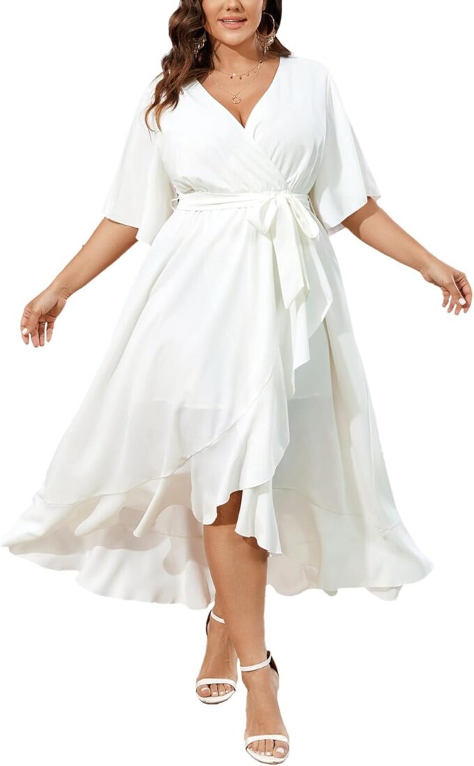 SCOMCHIC Women Plus Size Maxi Dress Short Sleeve Wrap V Neck High Low Split Ruffle Long Dress