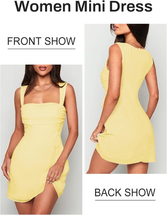 Women's Sexy Ruched Mesh Midi Short Dresses for Women Square Neck Fitted Elegant Club Party Cocktail Dress – Bild 2
