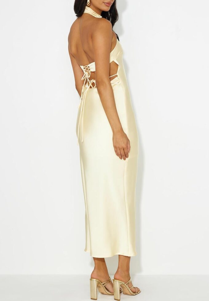 Phicia Sexy Satin Halter Neck Backless Maxi Dress for Women Elegant Tie Cowl Back Formal Wedding Guest Dress for Summer – Bild 5