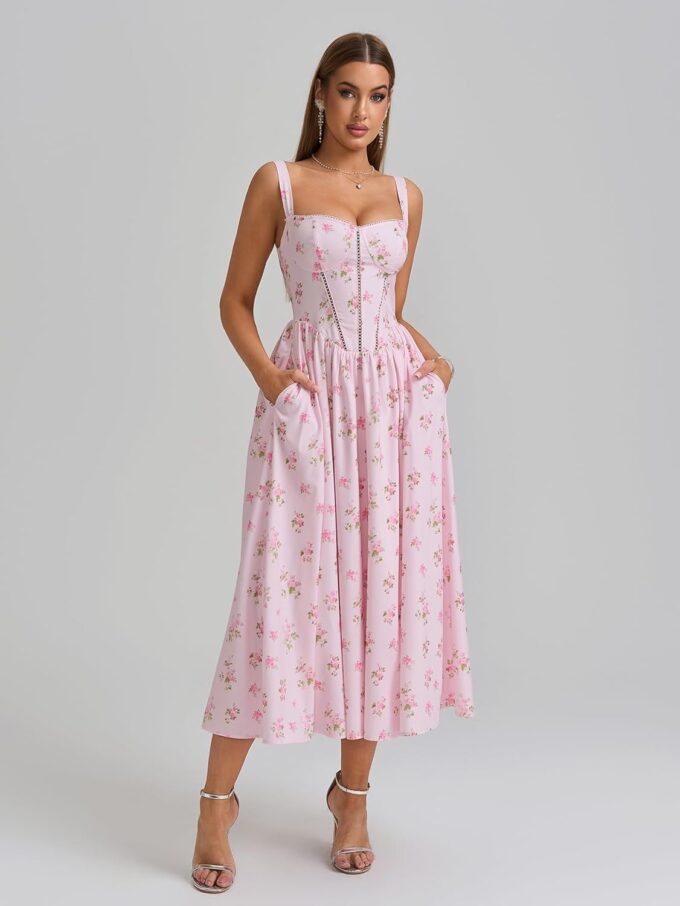 KUTUMAI Floral Corset Midi Dress Flowy Slit Summer Spring Wedding Guest Dresses for Women Sundress with Pockets – Bild 2