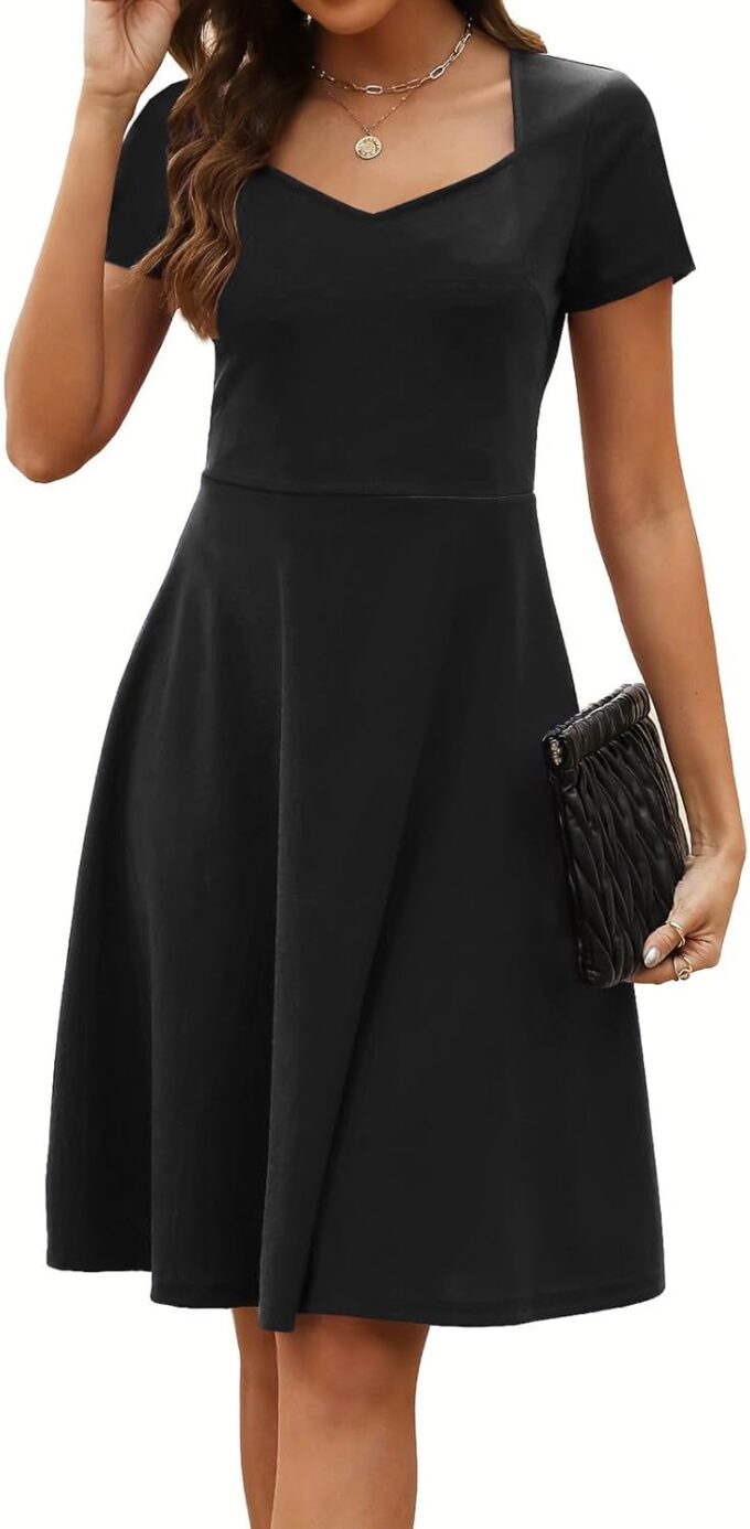 Damen Elegant Vintage Sommer Herzausschnitt Kurzarm Casual Arbeit Party Business A-Linie Kleid 163