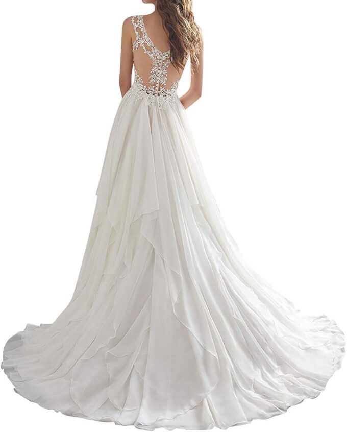 TAIGUHUI Brautkleid Damen Lange Braut Spitze Chiffon Brautkleid, Weiß, 40 – Bild 2