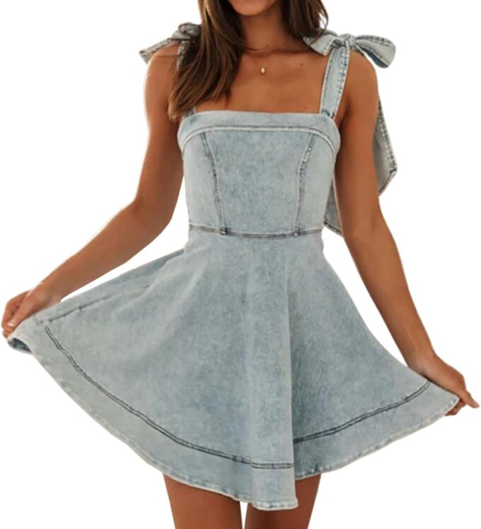 Women's Summer Casual Cute Sleeveless Denim Dress Trendy Stretch Slim Sundresses Distressed Mini Jean Dress
