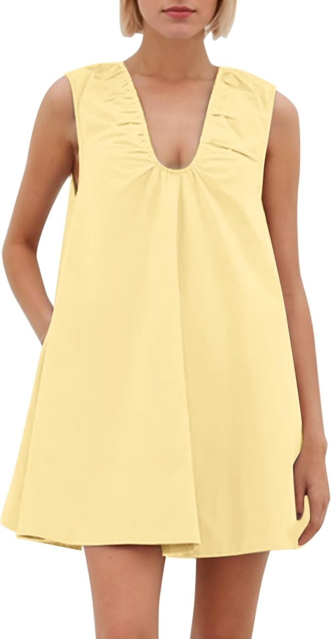 MISSACTIVER Women's Sleeveless Babydoll Tank Mini Dress Scoop Neck Ruched Short Dress with Side Pockets Summer Party Dresses Yellow
