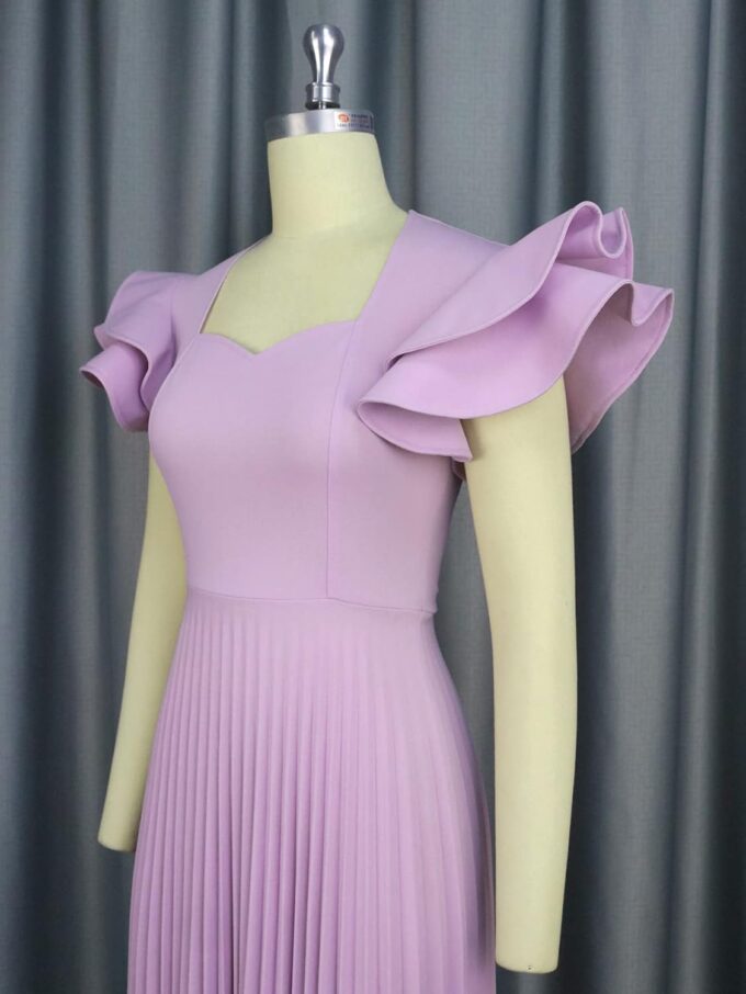 AOMEI Women's Light Purple Square Collar Ruffles Sleeve Pleated Elegant Midi Dress – Bild 5