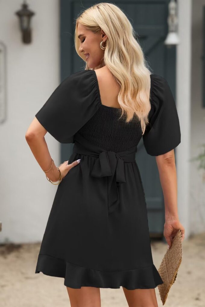 Dokotoo Women's Wrap V Neck Short Flared Sleeve Wedding Guest Dress Smocked Elastic Waist Tiered Belted Ruffle Hem Mini Dress – Bild 4