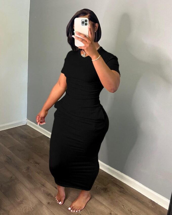Women's Casual Short Sleeve Dress T Shirt Bodycon Dresses Ribbed V Neck Maxi Sundress Basic Party Club Dress with Pocket – Bild 4