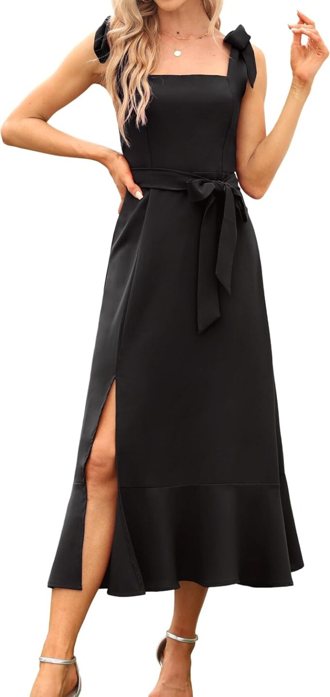 Women's Elegant Bridesmaid Dresses Square Neck Ruffle Split Midi Formal Dress for Wedding Guest Cocktail Party