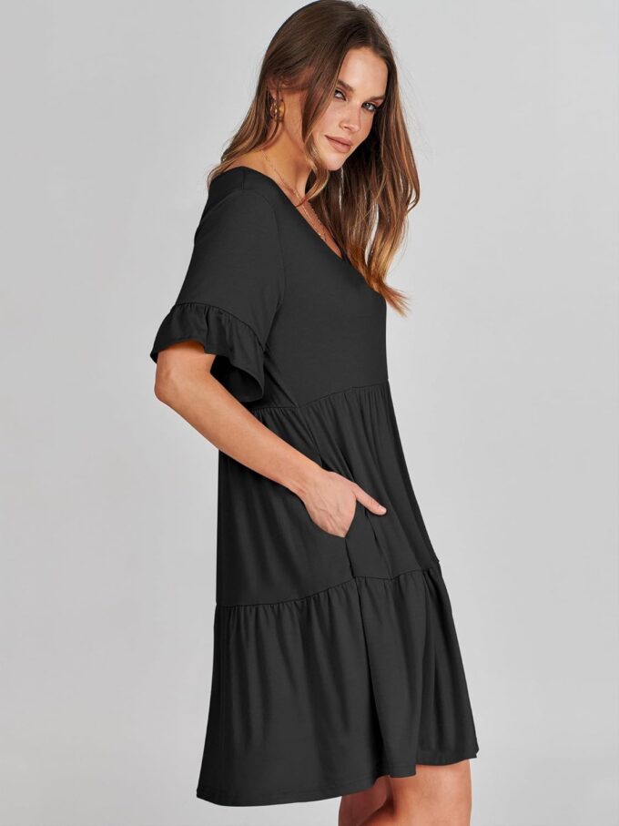 ANRABESS Dresses for Women Summer 2025 V Neck Ruffle Sleeve A Line Tiered Flowy Casual Trendy Mini Beach Dress with Pockets – Bild 3