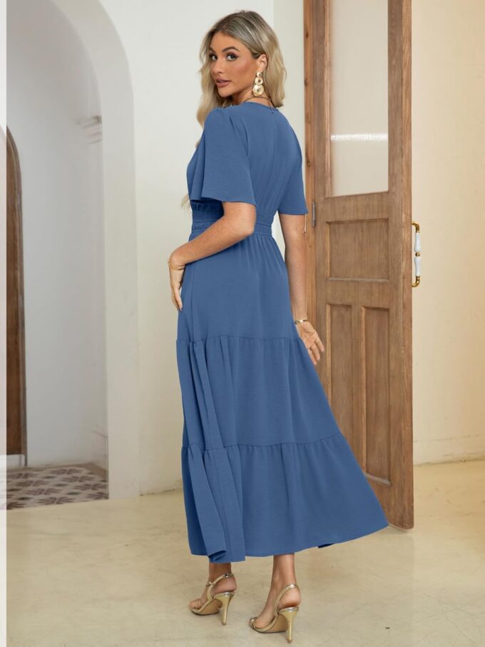 Amegoya Women's Summer Boho Maxi Dresses Casual V Neck Short Sleeve A-line Empire Waist Long Flowy Beach Dress – Bild 5