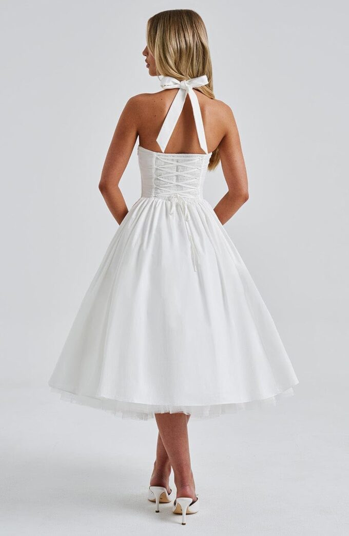 Women Summer Halter Dress Low Cut Sleeveless A Line Tulle Swing Flowy Tea Length Dress Corset Prom Formal Ball Gowns – Bild 5