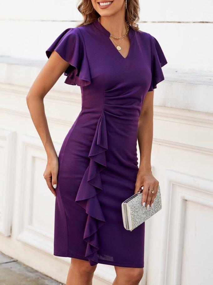 Mokayee Damen-Sommerkleid, Rüschenärmel, V-Ausschnitt, Business, Freizeit, Büro, Kirche, Cocktail, Arbeit, Bleistiftkleid – Bild 5