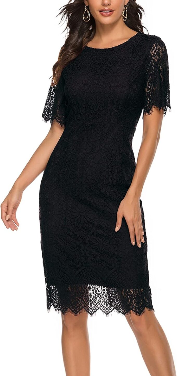MEROKEETY Women's Short Sleeve Lace Floral Cocktail Dress Crew Neck Knee Length for Party – Bild 2